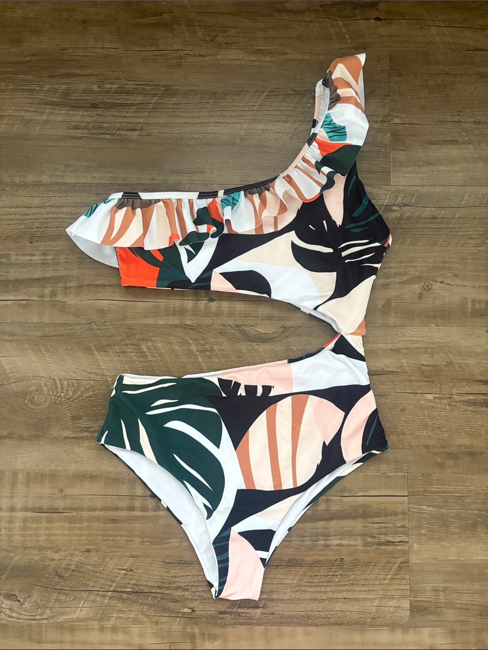 SweatyRocks Tropical One-Shoulder Cutout Swimsuit in Green, Peach & Navy